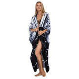 Sexy Black Retro Striped Batwing Sleeve Self Belted Plus Size Long Kimono Tunic Women Tops and Blouses Shirts