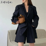 Striped Print Loose Long Blazer Jacket+Wide Leg Shorts Suits Outfits Korean Fashion Lazy Chic Casual Vintage Two Piece