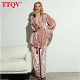 Fashion Pink Loose Two Piece Sets Womens Outifits Autumn Elegant Feathers Long Sleeve Robes And High Waisted Trousers