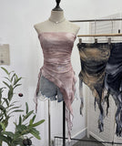 Tie Dyed Lotus Leaf Edge Mesh Shaft Irregular Ribbon Thin Belt Wrapped Bra Vest Top