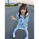 Japanese Summer Kawaii Long T-shirt Women Star Print Cute Salior Collar Harajuku Graphic T Shirts Y2k Aesthetic Tee