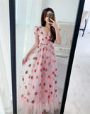dress Sequined Embroidery Cascading Ruffle Maxi Dress Women summer V-neck Puff Sleeve Bow Pink Tulle Mesh Long