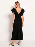 Women Chic Layered Ruffles Flying Sleeve Dress Fashion Backless V Neck High Waist Maxi Robe New Lady Summer Elegant