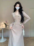 Winter Vintage Knitted Midi Dresses for Women 2023 Elegant Fashion Turn Down Collar Long Sleeves Sweater Female