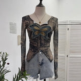 Real Shooting Pure Sexful V-Neck Umbilly T-Shirt Female Hairy Denim Butterfly Embroidered Mesh Yarn Long Sleeve Top