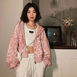 Pink Leopard Print Short Zipper Sweatshirt Top Women Loose Vintage Casual Streetwear Girl Hoodie Fashion Jacket