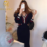 Piece Set Women Korean Autumn and Winter V-neck Bordered Contrast Color Knitted Sweater + High Waist Bodycon