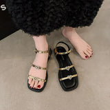 Sandals Women Wear New Summer Square Head With Roman Style Love Diamond Buckle Flat Sandals Slippers