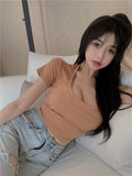T Shirt Women's Fashion Short Navel Tight Hot Girl Square Neck Sexy White Short Sleeve Top New Summer Tees 2021