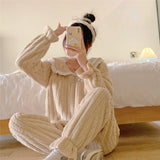 Winter Warm Flannel Women Pyjamas Sets Thick Coral Velvet Long Sleeve Cartoon Sleepwear Thin Flannel Pajamas