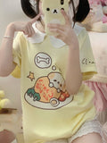 Aesthetic Summer Patchwork T-shirt Japanese Cartoon Print Kawaii Casual Loose Tops Harajuku Women Oversized Apricot