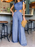 New Summer Solid Women Jumpsuit Sleeveless O-neck Naked Waist Wide Leg Long Pant Bodysuit Fashion Fit Casual