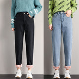 Jeans for Women Velvet Thick Warm Denim Pants High Waist Fleece Mom Jeans Vintage Wide Leg Ankle-Length Harem Denim
