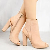 Boots Faux Suede Leather Casual Open Peep Toe High Heels Zipper Fashion Square Rubber Black Shoes For Women Plus Size
