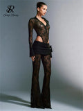 Fashion Lace Sheer Two Pieces Sets Women Lapel Long Sleeves Slim Bodysuits+Elastic Long Pants Ladies Sexy