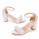 Cm Square With Thick Heel Shallow Mouth With Sandals Beaded Essee Flowers Wedding Dress Shooting High Heels