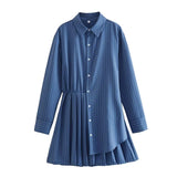 Blue Shirt Dress Woman Striped Pleated Short Dresses For Women Long Sleeve Casual Summer Women's Dresses Button Mini