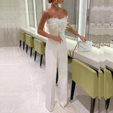 Feather Patchwork Lace-up Office Jumpsuit Summer New Women Solid Romper Overalls Sexy Sleeveless Wrap Wide Leg