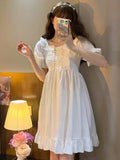 Elegant Women Sweet Lolita Dress 2022 Summer Square Collar Bandage White Princess Dresses Short Sleeve Ruffles
