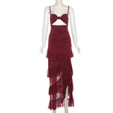Burgundy Mesh Ruffle Strap Maxi Dress- Outfit
