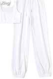 Simple Cotton Casual Solid Slim Stretch Two Piece Sets Women Sports Crop Top+High Waist Lacing Slack Streetwear