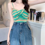 Knit Camisole Crop Top Girls Twisted Contrast Color Striped Stretchy Sweet Hot Camis Sleeveless T-Shirt For Slim