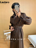 Spring Autumn Long Loose Brown Pu Leather Trench Coat for Women Belt Double Breasted American and European Fashion
