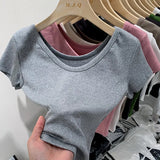 V-Neck Shoulder T-Shirt Women's Short-Sleeved Summer New Slim And Skinny Short-Bottomed