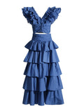 Holiday Wind Autumn 2025 New V Collar Fly Sleeve Flounce Stitching Cake Skirt Solid Color