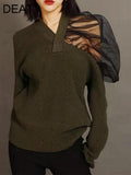 Fashion Women's Sweater V-neck Loose Long Sleeve Knitting Gauze Patchwork Wool Knitted Pullovers Autumn 2023 New