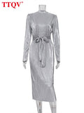 Fashion Sliver Pleated Maxi Dress Casual O-Neck Long Sleeve Bodycon Dress Elegant Lace-Up Party Dresses For Women