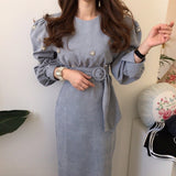 Autumn Floral Beading Corduroy Long Dress Women Lantern Sleeve O-neck Sashes Korean Fashion Ladies Pencil Dress