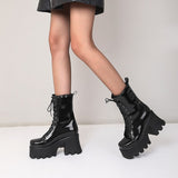 Platform Ankle Boots Fashion Patent Leather Women Chunky High Heel Goth Boots Autumn Winter Lacing Woman Shoes Size 42