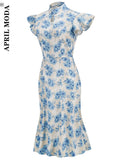 Women's Sexy Midi HL Bandage Dress Blue Floral Print Spaghetti Strap Bodycon Sundress Club Party Dresses Vestidos