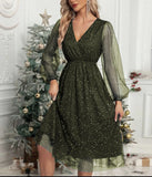 Zingj New V-Collar Elegant Slim Solid Color Stitching Mesh Perspective Sprinkling Powder Dress Female-Outfit