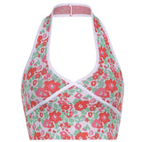V Neck Sleeveless Knitted Crop Top Women Backless Halter Tanks Camis Top Summer Fashion Floral Print Camisole