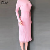 Women Knitted Long Dress Ribbed Elegant Midi Bodycon Sweater Dress Official Ladies Bandage Pleated Dresses