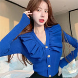 V Neck Sweater Cardigan Women Full Sleeve High Stretch Knit Sweaters Shirts For Slim Girls Autumn
