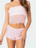 Women Layered Ruffles 2 Piece Summer Outfits Lace Mesh See Through Off Shoulder Tube Tops Shorts Club Streetwear