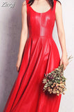 Spring Fit and Flare Soft Faux Leather Dress Elegant Luxury Red Maxi Dresses for Women 2023 long Retro Fashion