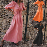 Spot 2025 Autumn New Fashion Temperament High Waist V-Neck Long Holiday Cotton And Linen