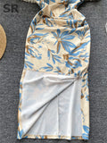 Senior Pearl Halter Ladies Dress Off Shoulder Elastic Waist Bodycon Dress 2023 Female Print Sexy Slit Long