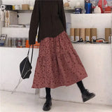 Corduroy High Waist Floral Print Maxi Skirt-Outfit