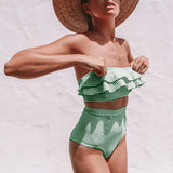 Sexy Swimming Suit Irregular Striped Cascading Ruffles High Waist Bikini Swimwear