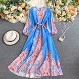 2021 New Autumn Women Vintage Print Dress Lantern Sleeve Sashes Tie Up Zipper Back O Neck High Waist Elegant