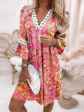 Holiday Casual Boho Beach Dress Women Retro Printed Party Dress Summer V Neck Lace Patchwork Hollow Out Pleated Mini