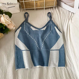 Diary Summer Contrast Color Short Vest Fashion V-Neck All-Match Top Women Sexy Unique Knitting Sling