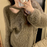 Zingj Fufu Soft Waxy Imitation Mink Wool Clothes Autumn Winter Gentle Lazy Wind V Collar Outside Wear A Loose Jacket-Outfit