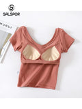 Women Shirts Cotton Short Sleeves with Bra Pads and Cups Home Sports T-Shirt Women V Neck Summer Comfortable Tops