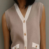 Zingj Small Fragrant Wind Sleeveless V-Neck Knit Cardigan Female 2024 Summer European Goods Bump Color Gold Buckle Short Money Vest Vest-Outfit